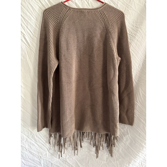 Chicos Drama Fringe Sweater Tan Brown Shimmer Rib Knit Large Chic Western - Picture 2 of 7